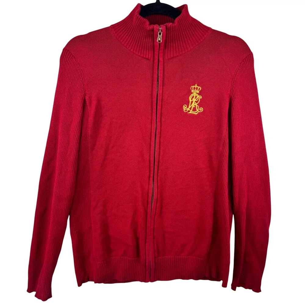 Vintage Lauren Ralph Lauren Full Zip Sweater Women Large Red Embroidered Logo